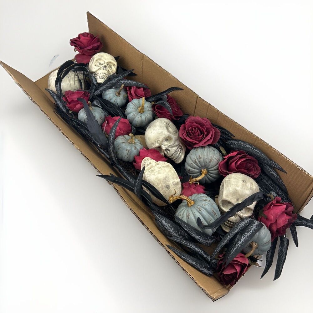 Pottery Barn Lit Gothic Skull Garland Halloween Roses Pumpkins Discontinued NIB